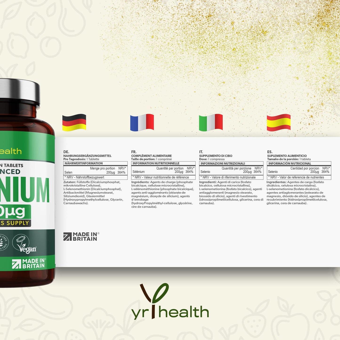 Selenium 200mcg Tablets - 180 Vegan Society Registered Pills, for Thyroid and Immune Health, Hair, Skin and Nails - 6 Month Supply Tablets Not Capsules - Made in The UK by YrHealth