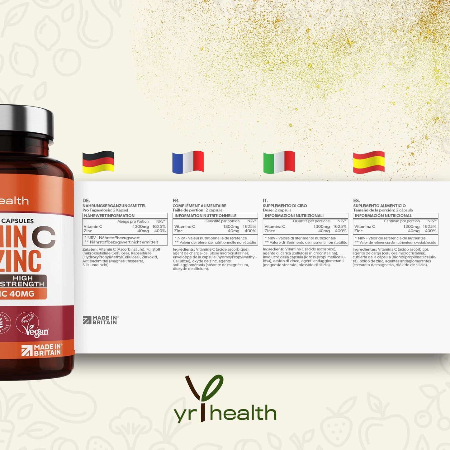 yrhealth Vitamin C 1300mg and Zinc 40mg High Strength - VIT C and Zinc for Maintenance of Normal Immune System - 120 Vegan Capsules not Tablets - 2 per Daily Serving - Made in The UK by YrHealth