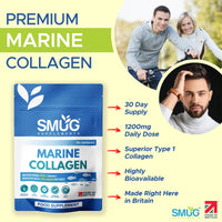 Marine Collagen British Made by SMUG Supplements - 90 Capsules - Type 1 Peptides - 1200mg Daily Serving of Collagen Powder in Three-a-Day Capsules - 30 Day Supply - Suitable for Both Men and Women