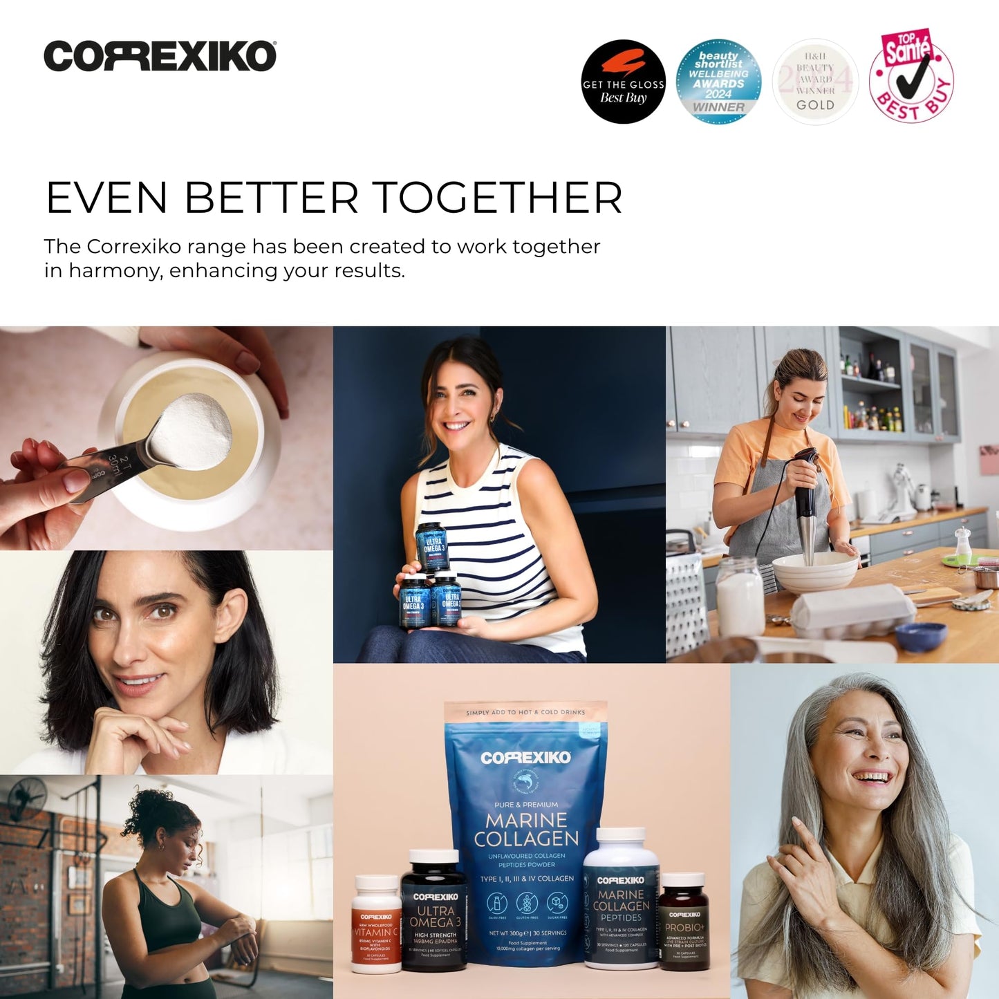 CORREXIKO Marine Collagen Powder & Ultra Omega 3 Supplement Bundle - 10,000mg Double Hydrolysed Collagen Peptides Per Serving & High Strength Omega 3 Capsules - for Hair, Skin & Nails - 30 Day Supply