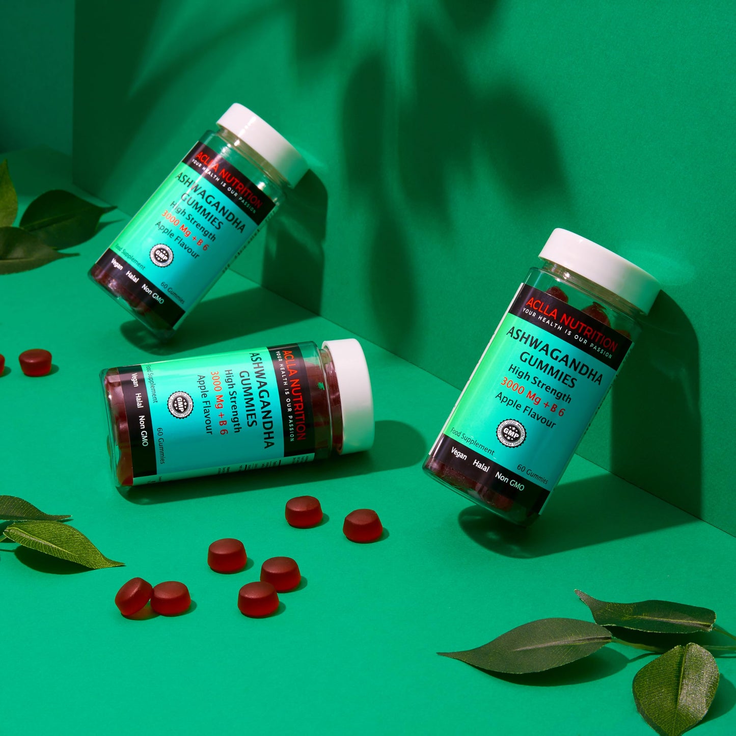 Ashwagandha Gummies 3000Mg & B6 2.8MG High-Strength Botanical Extract I Natural Apple Flavor I Stress Reduction, Supporting Psychological Function&Sleep.One-Month Supply by Aclla Nutrition.