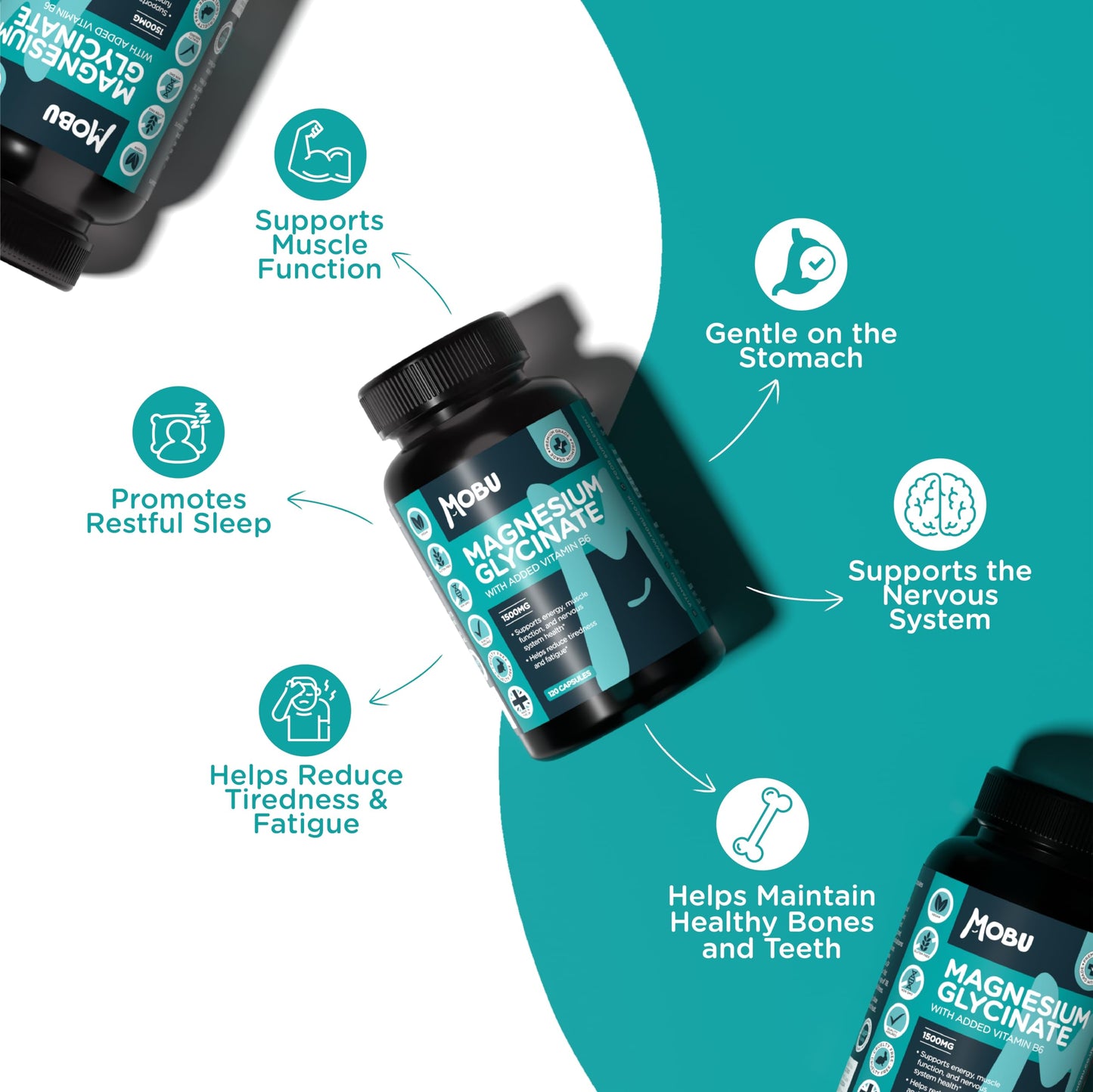 MOBU Magnesium Glycinate 1500mg with Vitamin B6 – 120 Vegan Capsules - High Strength - 315mg Elemental Magnesium - Pure with No Fillers or Binders UK Made