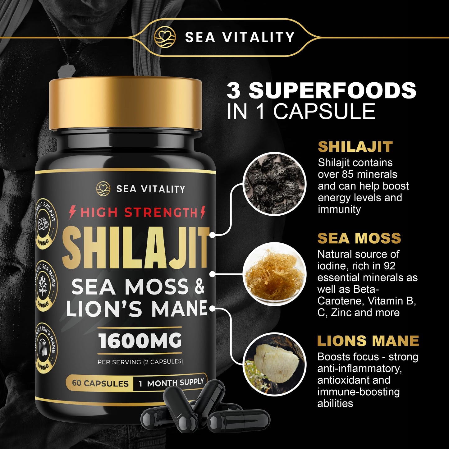 Shilajit SeaMoss and Lions Mane Capsules - 60 High-Strength Vegetable Capsules, 1600mg per Serving, Pure Shilajit, Natural Sea Moss, and Lion's Mane for Enhanced Cognitive and Physical Health
