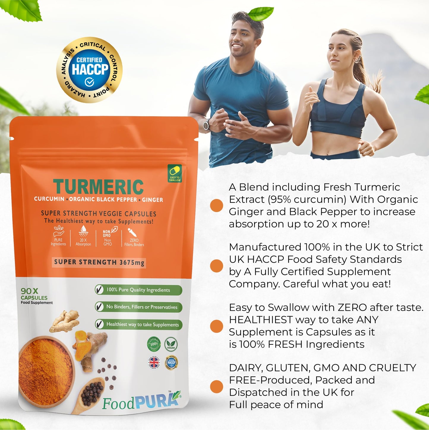FoodPURA Turmeric Curcumin Capsules with Black Pepper & Ginger High Strength 3675mg HACCP Certified, Manufactured in The UK by FoodPURA (90)