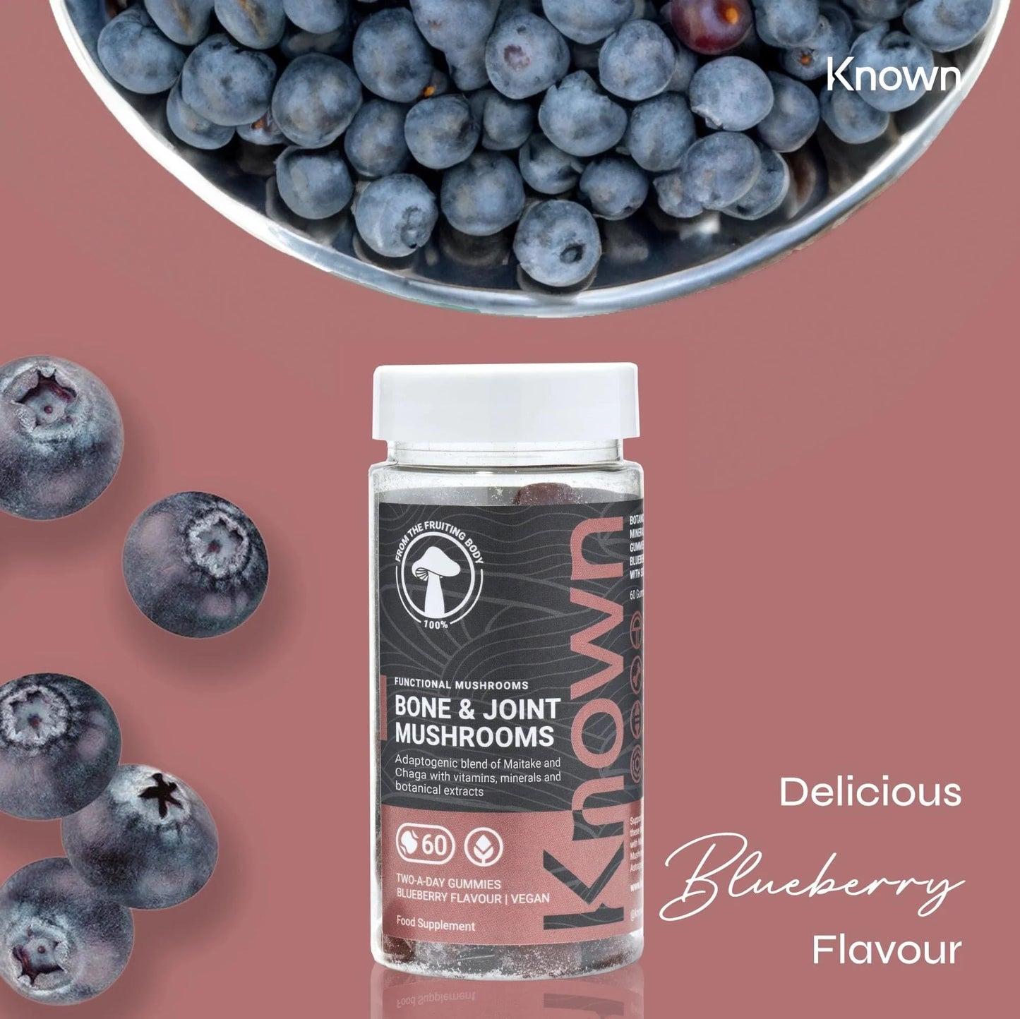 Known Bone & Joint Support Mushrooms Gummies with Maitake, Chaga, Vitamin D3 & K2 | Delicious Natural Blueberry Flavour | 60 Two-a-Day Vegan Gummies (One Month’s Supply)