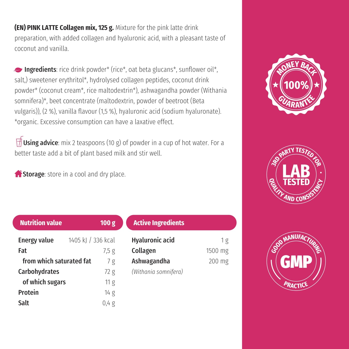 Nature's Finest by Nutrisslim PINK LATTE with Collagen and Hyaluronic Acid 125 g | Coconut and vanilla flavored drink, lactose and sugar free (1)
