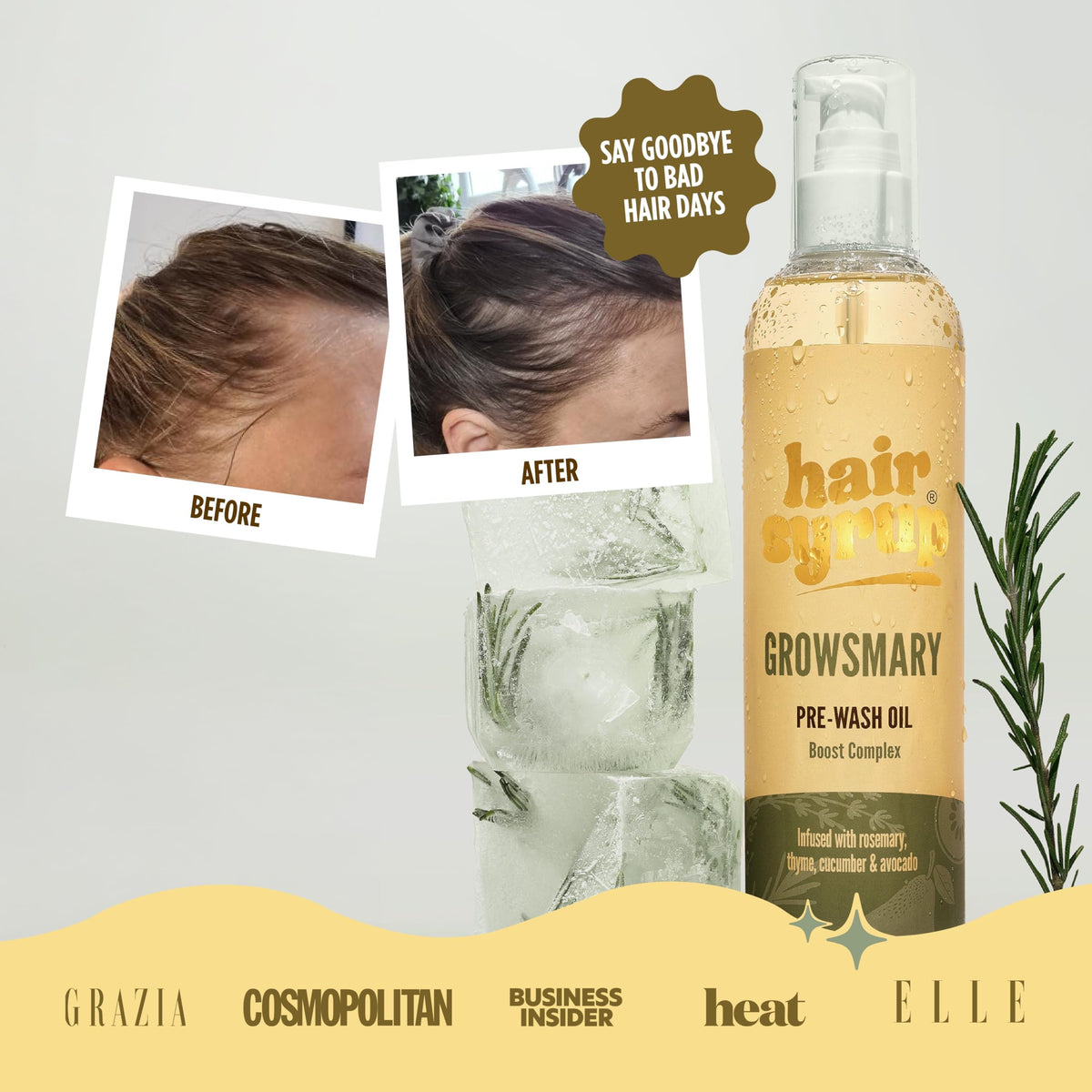 Hair Syrup | Rosemary Pre-Wash Hair Oil | Made with Rosemary, Thyme, Cucumber & Avocado | Nourish Your Scalp & Mind with Growsmary | Vegan | 100% Natural | 300ml Pump Bottle Applicator