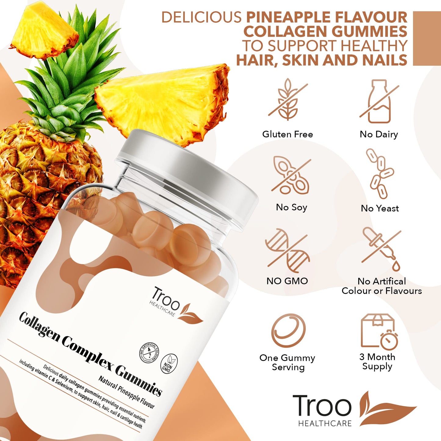 Troo Health Care Collagen Complex - 90 Natural Pineapple Flavour Chewable Gummies - One Per Day Hydrolysed Collagen with Biotin, Vitamin C and Selenium - Three Months Supply – Healthy Skin and Hair for Men and Women
