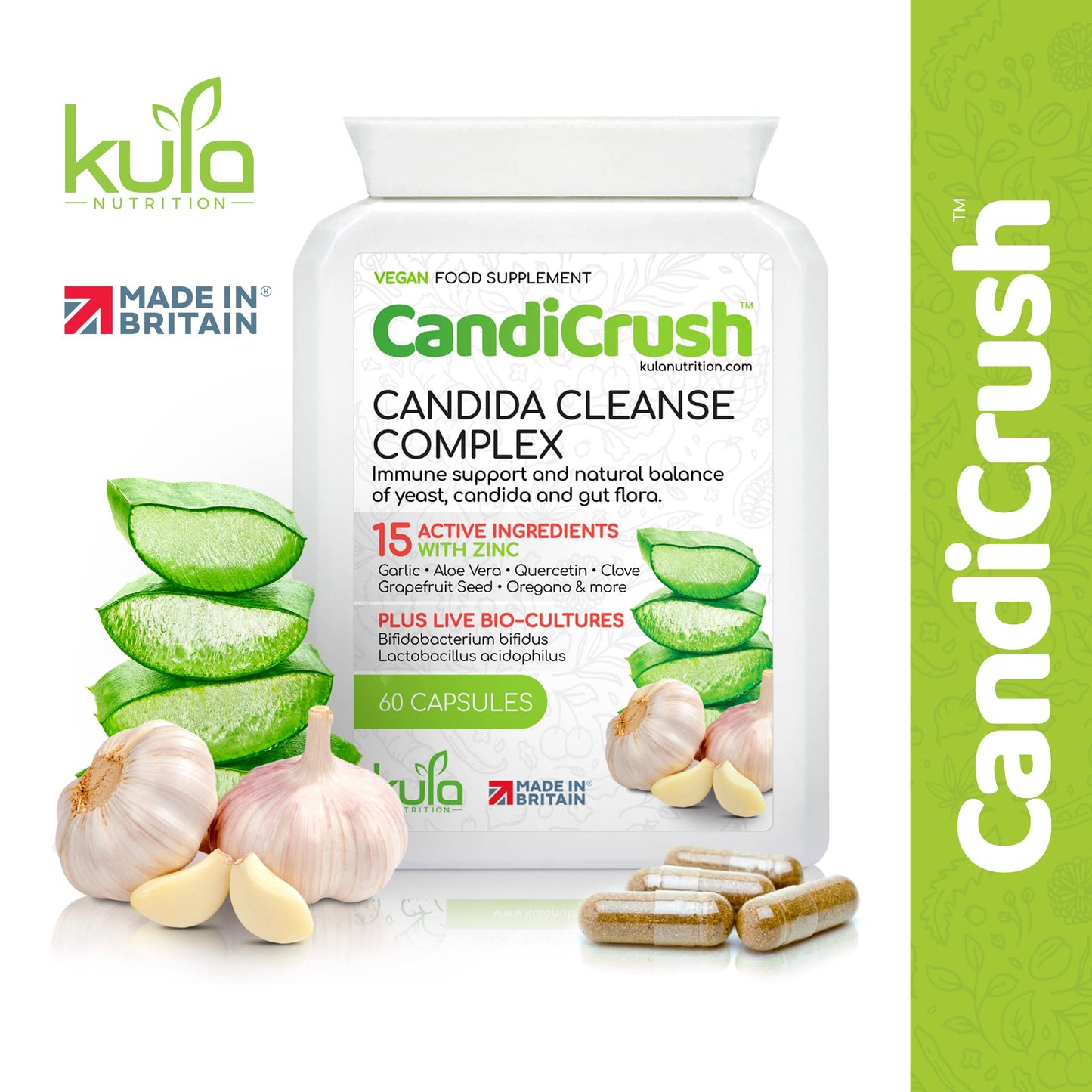 CandiCrush - Candida Cleanse Complex - Herbal Thrush Tablets - Natural Candida Treatment for Women and Men with Probiotic Live Friendly Bacteria for Yeast Infection - 60 Vegan Capsules