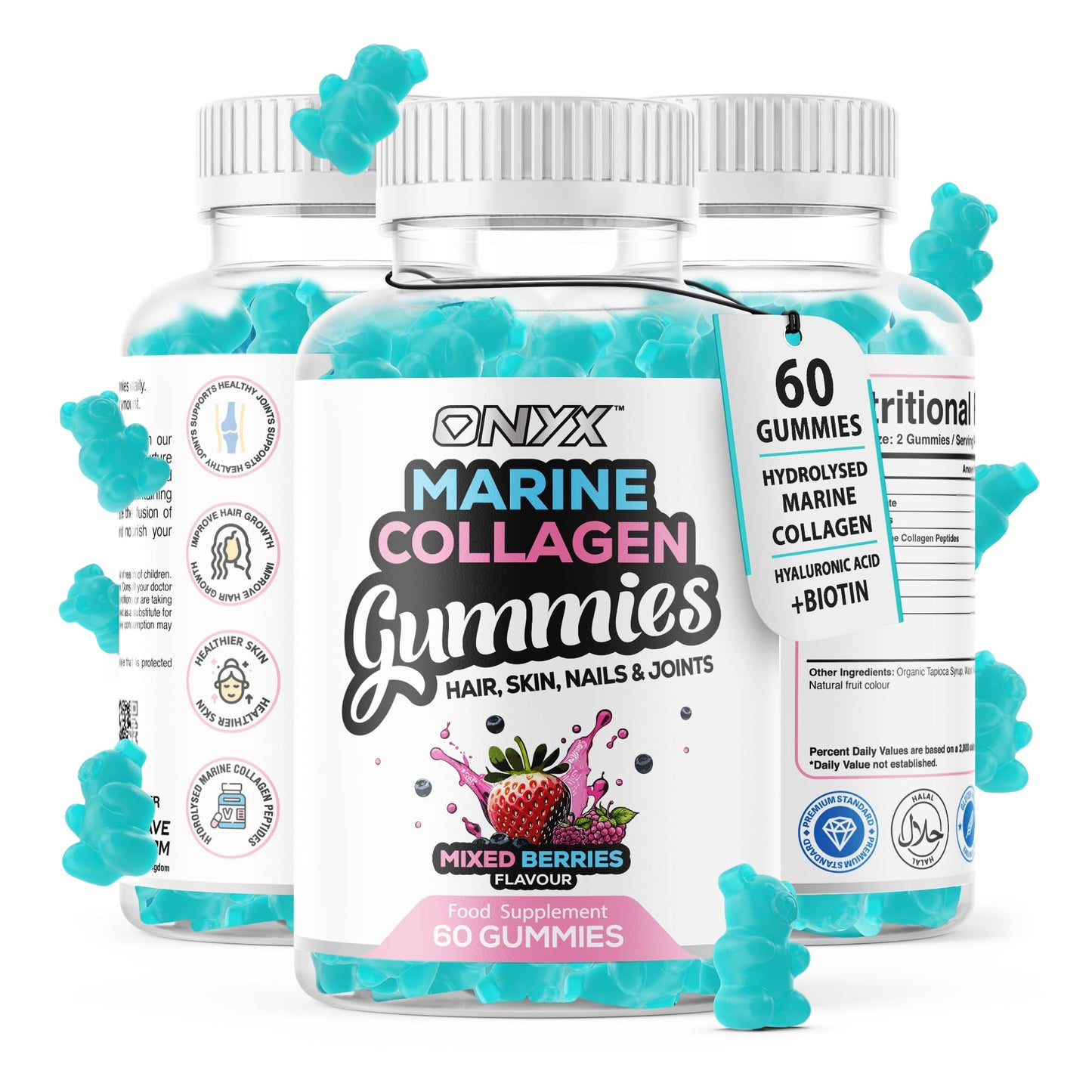 ONYX INGREDIENTS 101 Onyx Marine Collagen 2200mg with Hyaluronic Acid & Biotin - High Strength Collagen Supplements for Women & Men - 60 Vegan Gummies