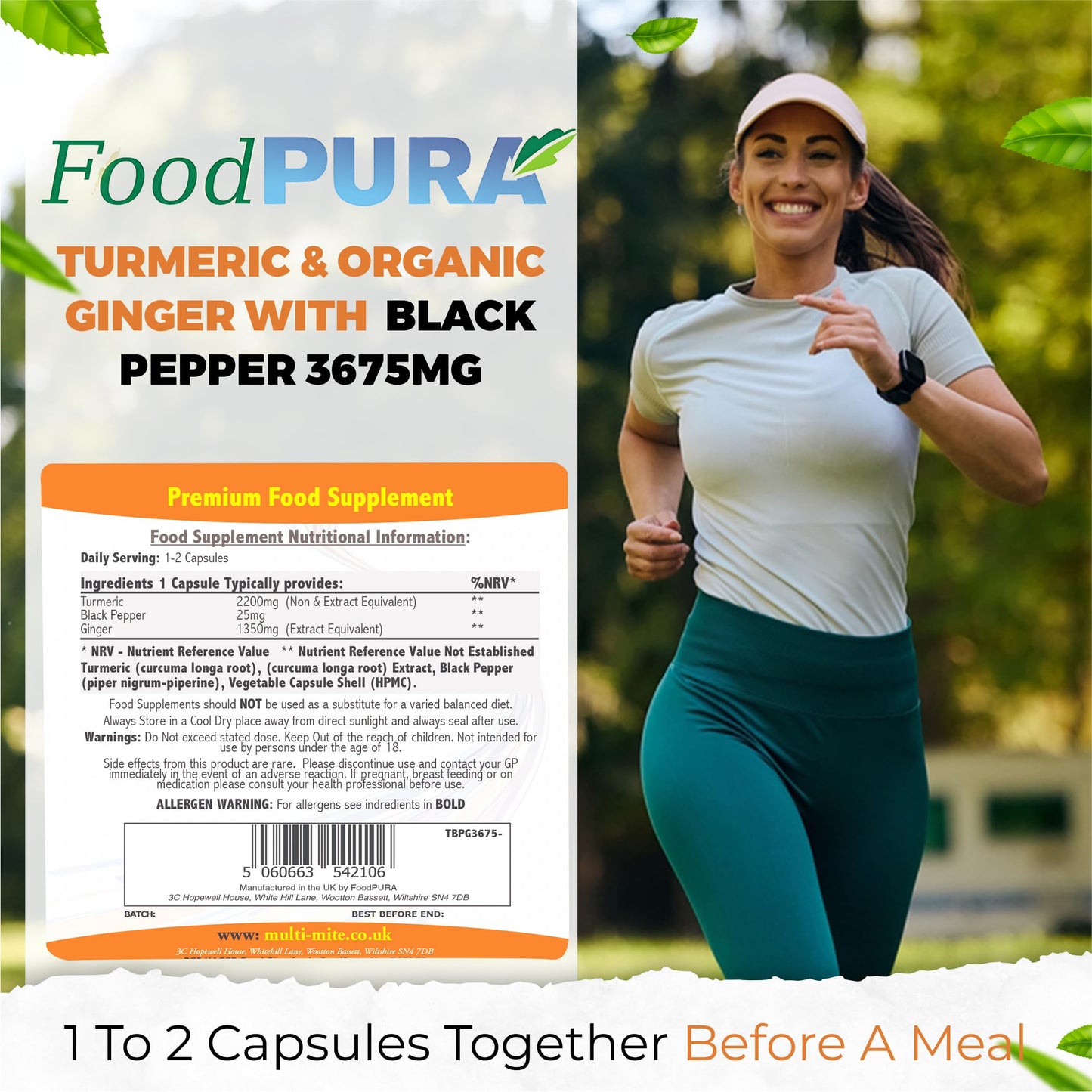 FoodPURA Turmeric Curcumin Capsules with Black Pepper & Ginger High Strength 3675mg HACCP Certified, Manufactured in The UK by FoodPURA (60)