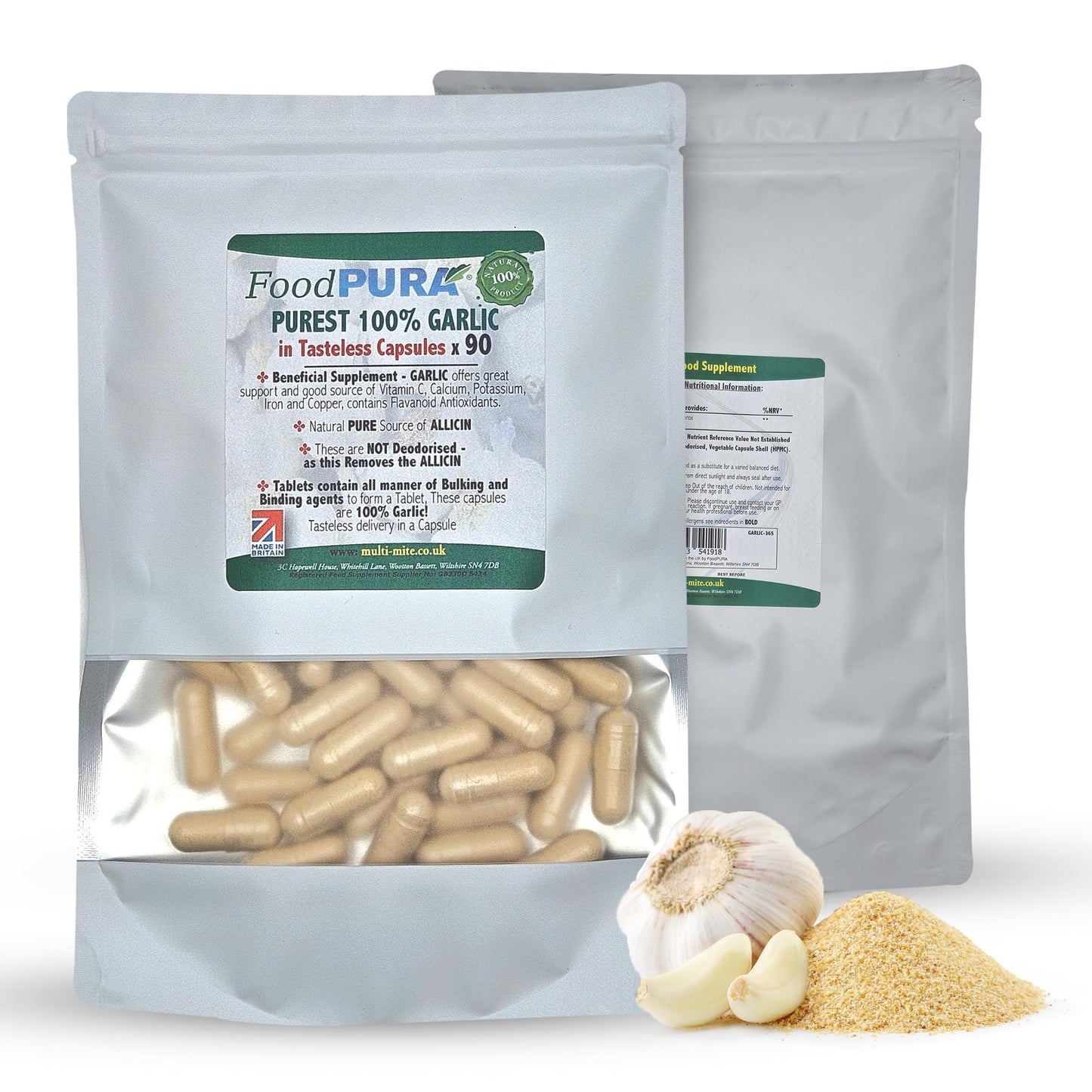 FoodPURA Pure Garlic Capsules Recommended Daily Strength 1000mg HACCP Certified, Manufactured in The UK by FoodPURA 1 Pack of 90 Capsules