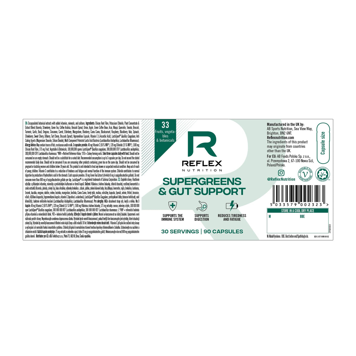 Reflex Nutrition Reflex Nutition Supergreens & Gut Support - 33 Active Ingredients - Prebiotics, Probiotics, Vitamins & Minerals - Immune Support, Reduce Fatigue & Bloating - Vegan Gut Health Supplement (90 Capsules)