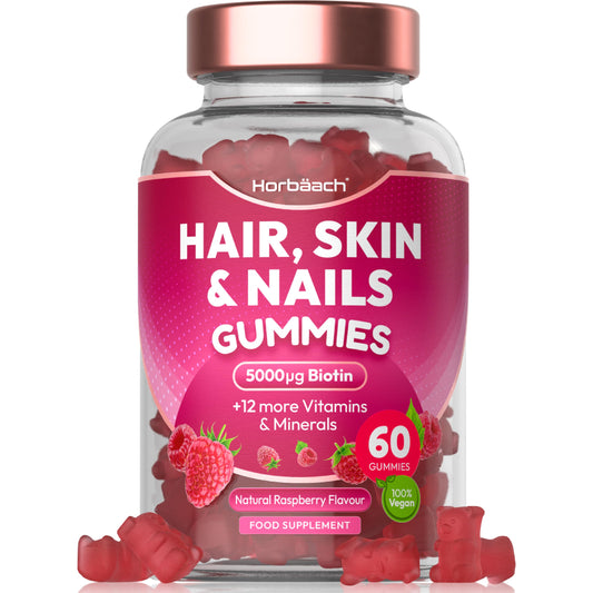 Hair Skin and Nails Vitamins | 5000µg Biotin, Zinc, Vitamin C, E & More! 60 Vegan Gummies | Supplement for Women and Men | by Horbaach