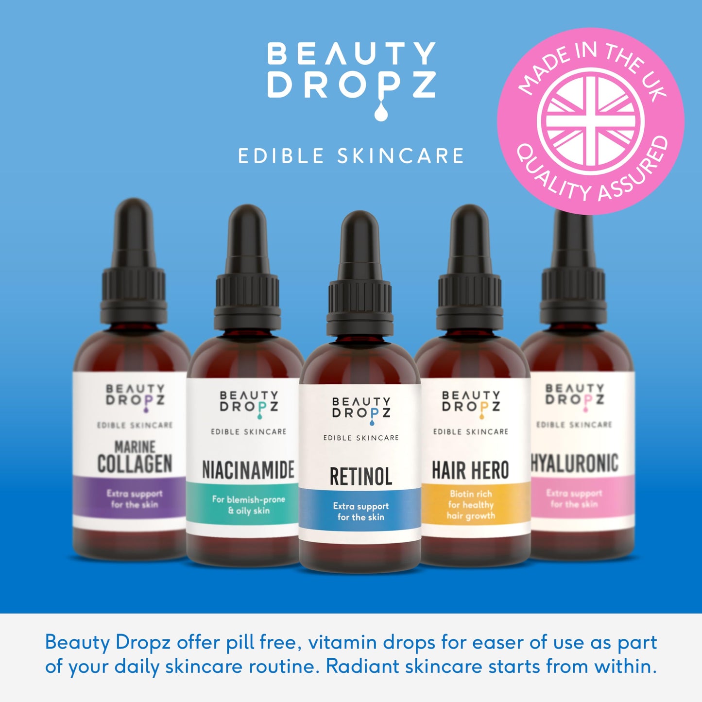 Beauty Dropz Retinol Oral Skin Care Drops – Fine Line Reduction – Vitamin A (Retinyl) – Youthful Glow – Vitamin E/Vegan Liquid Supplement for Radiant Skin – Berry Flavour – 60ml