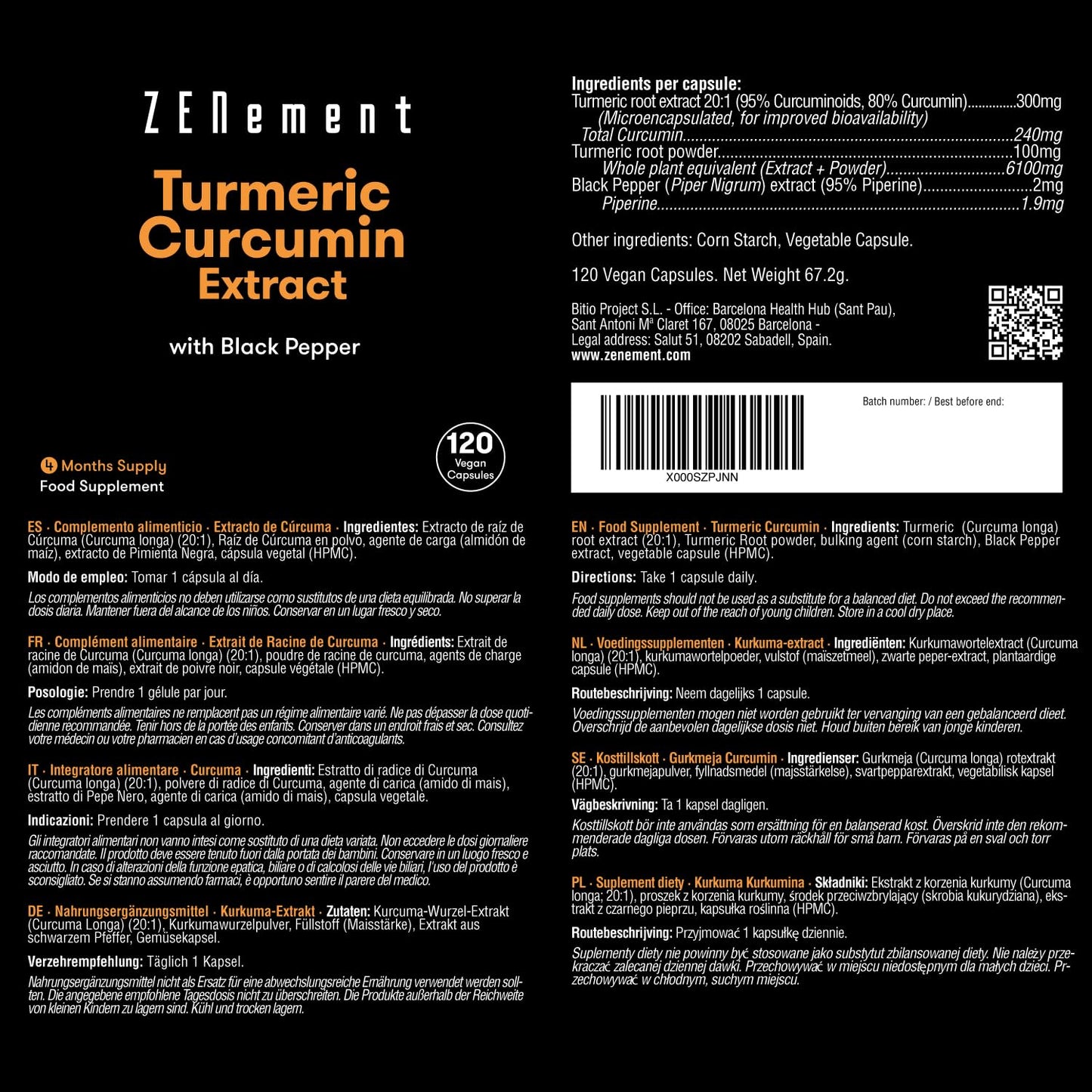 Turmeric 6100mg with Black Pepper | 120 Capsules | Powerful antioxidant, for Joint Health | 100% Natural Ingredients, Non-GMO Ingredients | Zenement