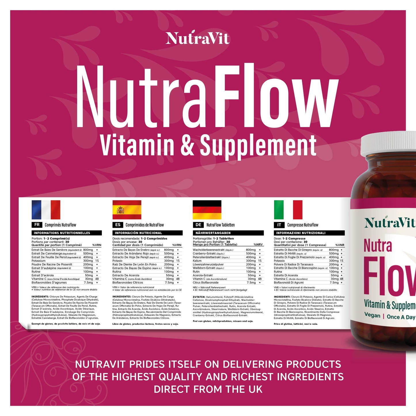 NUTRAFLOW - UTI Vitamin | Urinary Infection Vitamin - 30 Tablets | Ease Discomfort Within The Urinary Tract - Includes Cranberry, Juniper Berries, Acerola & Vitamin C - by NutraVit