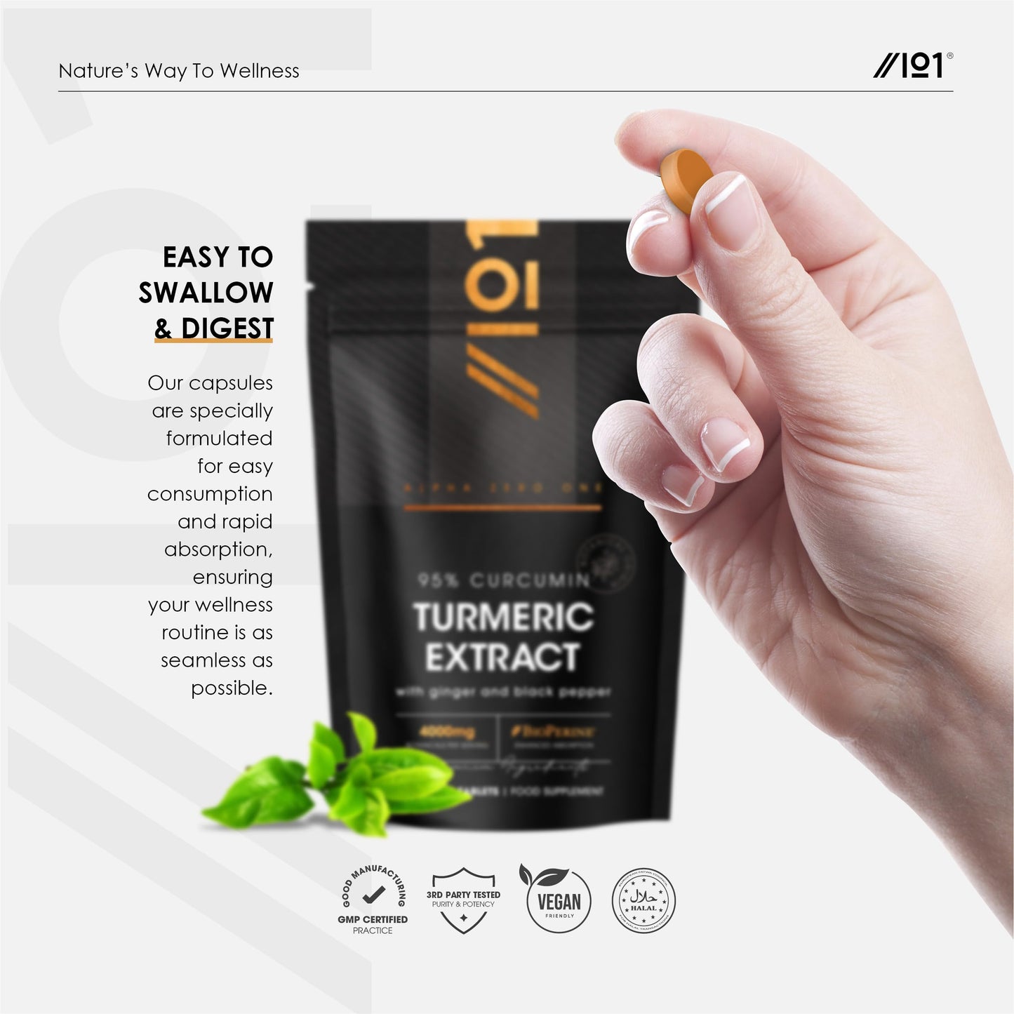 ALPHA01 Turmeric Curcumin 95 Tablets 3000mg with BioPerine® & Ginger – High Strength 95% Curcuminoids Supplements from 60:1 Turmeric Root Extract – 90 Vegan Capsules – by Alpha01