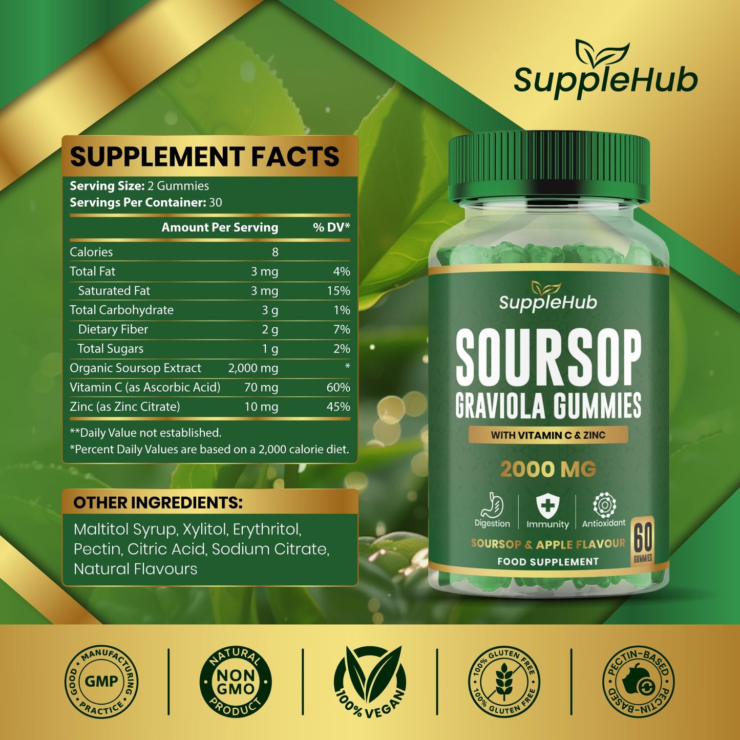 SuppleHub Soursop Gummies 2000mg – with Vitamin C & Zinc – Immune Support, Antioxidant – Gluten-Free, Vegan, Apple Flavour – 60 Gummies