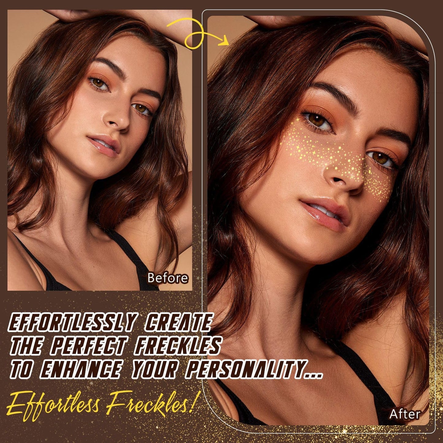AmiCera Glitter Freckles Face Tattoo, 10 Pcs Face Glitter Freckles Gold for Kids Women, Fake Sparkle Temporary Tattoos Stickers for Girls and Adults Festival Makeup Accessories Face Decor Star