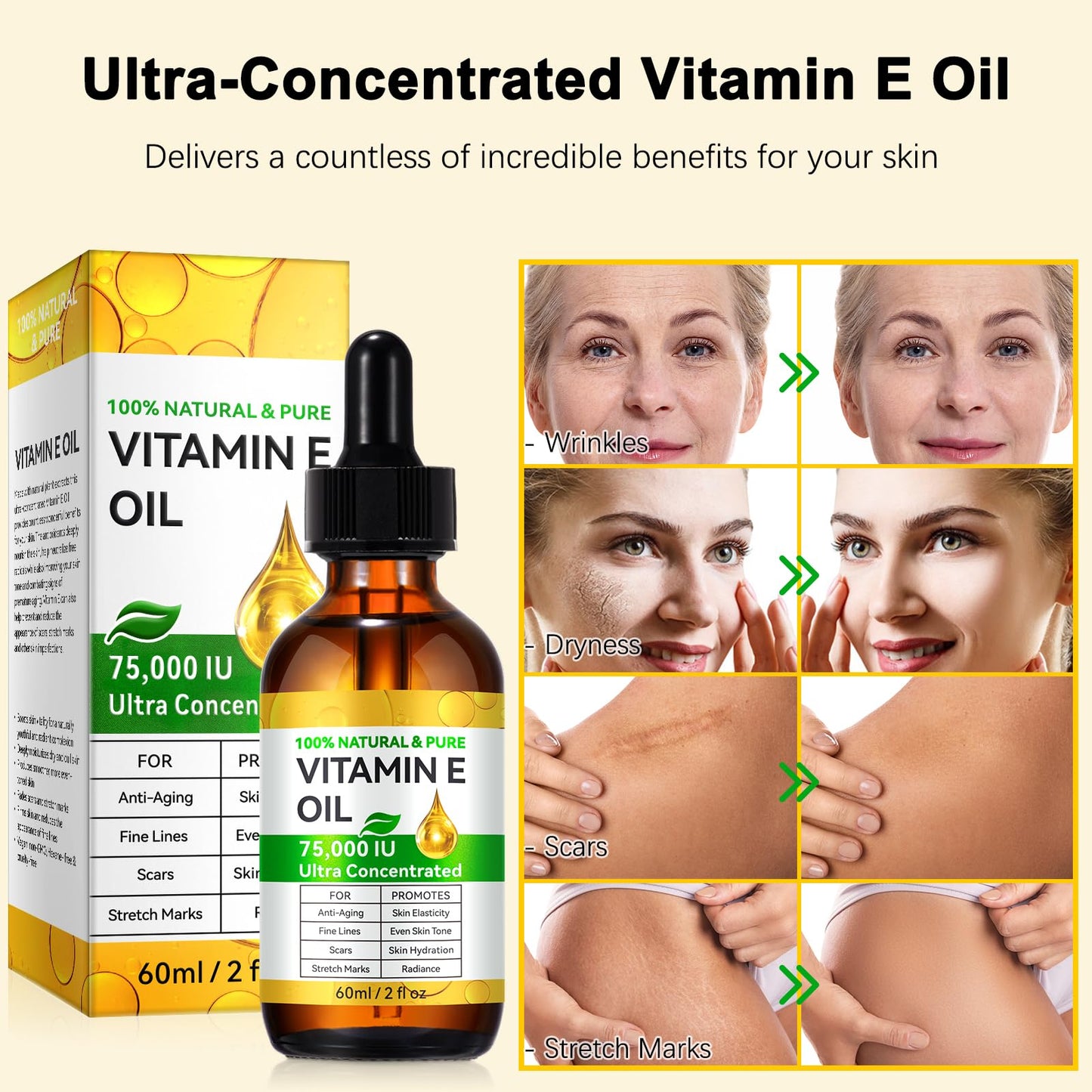100% Pure Vitamin E Oil for Skin, Hair & Face, Body Bath Oils Moisturizing Dry Skin, Easy to Absorb, Non-GMO & Vegan, 2Fl Oz