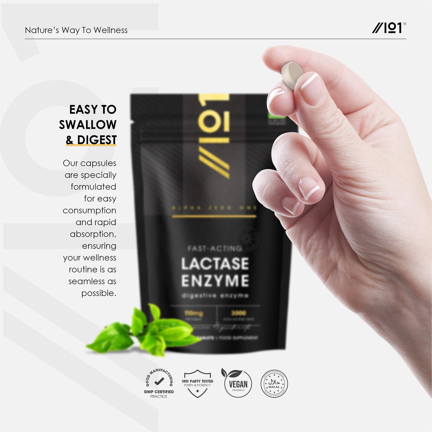 ALPHA01 Fast Acting Lactase Enzyme 110mg – 3,000 ALU Enzymatic Units - 180 Vegan Tablets (6 Month Supply) - Resealable and Recyclable Pouch by Alpha01