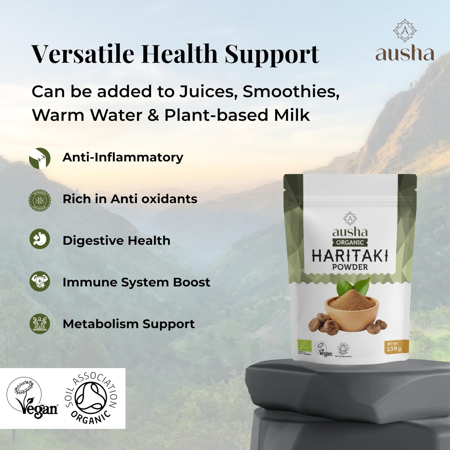 AUSHA Organic Haritaki Powder 200g - Gut Health, Constipation Relief, Immunity, Digestion - Certified Organic by Soil Association - Used in Triphala