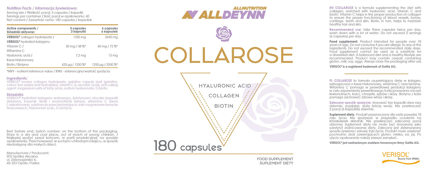 ALLDEYNN Collarose Collagen Capsules - Bovine Collagen Hydrolysate with Hyaluronic Acid, Biotin and VIT C - Anti Aging Skin Treatment - Hair Supplements for Women - 180 Caps