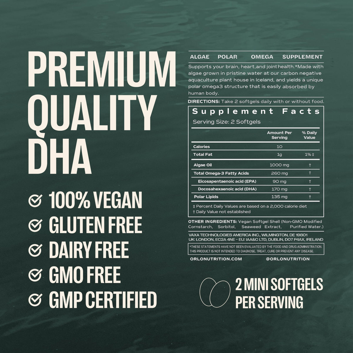 Orlo ORLO DHA – Vegan DHA Supplement (EPA & DHA) – Omega 3 Fish Oil & Krill Alternative – Plant-Based Omega-3 Algae Oil – Brain & Heart Support (60 Mini Burpless Softgels)