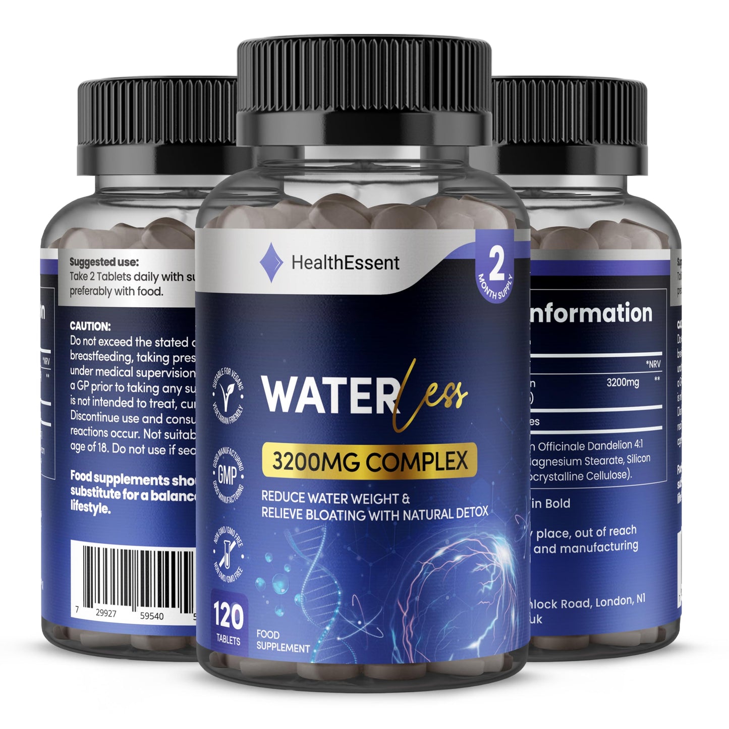 WaterLess 3200mg - Water Retention Tablets for Women & Men - Relieve Bloating and Digestion with Natural Detox - High Strength Dandelion Root - 120 Vegan Tablets by HealthEssent