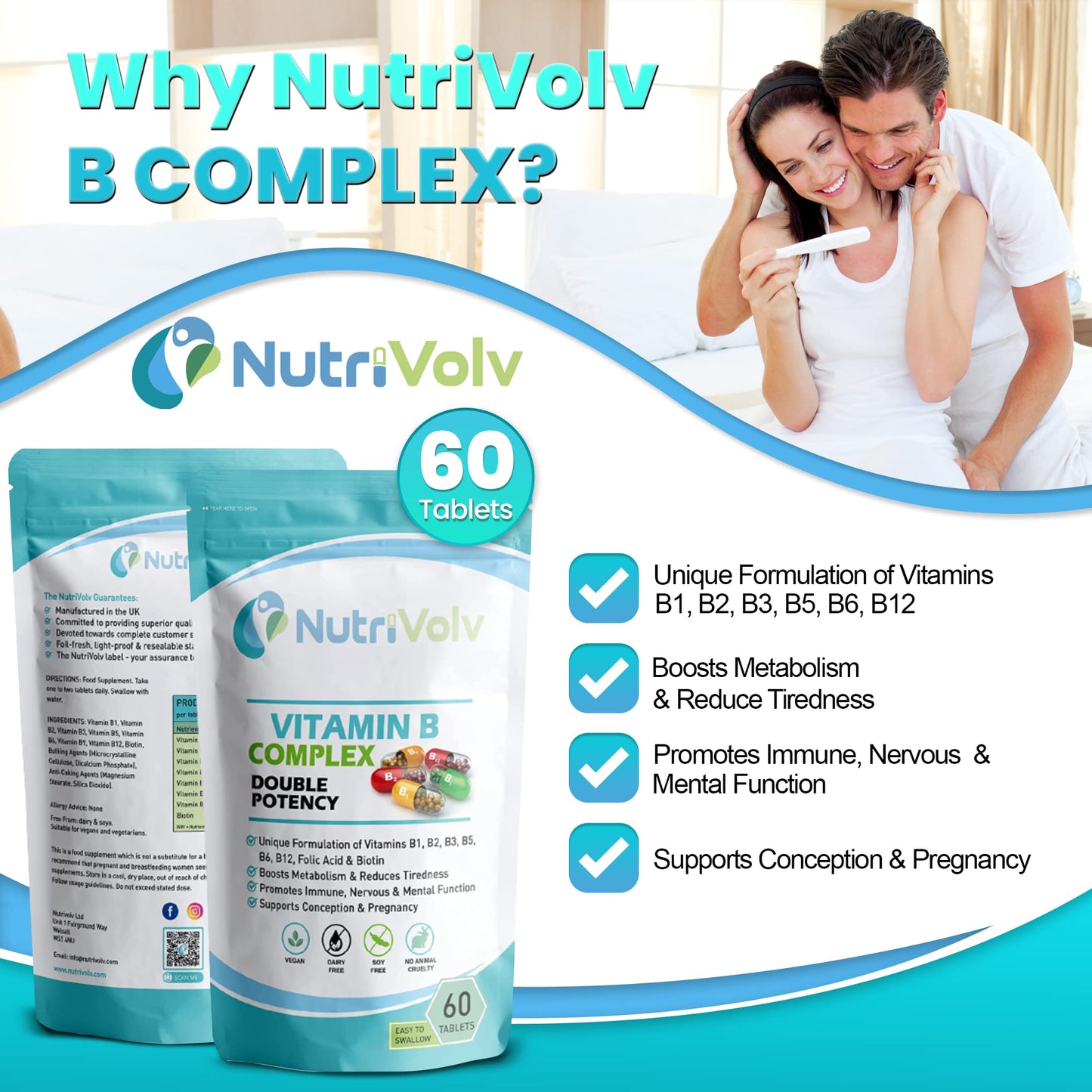 Vitamin B Complex Supplements with B Vitamins Including high strength B12, B1, B2, B3, B5, B6, B7, B9, Biotin & Folic Acid- Support Healthy Energy Metabolism | 60 Tablets