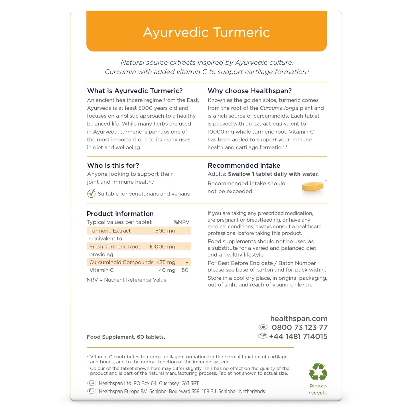 healthspan Healthspan Ayurvedic Turmeric | 60 Tablets | 95% high curcuminoid Content | Added Vitamin C | Supports Joint and Immune Health | Vegan Friendly