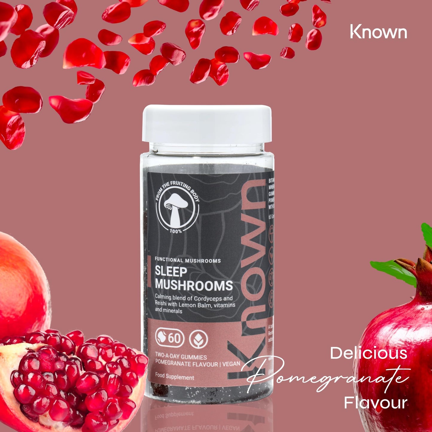Sleep Support Mushrooms Gummies by Known Nutrition | Cordyceps & Reishi | Delicious Natural Pomegranate Flavour | 60 Two-a-Day Vegan Gummies (One Month’s Supply)