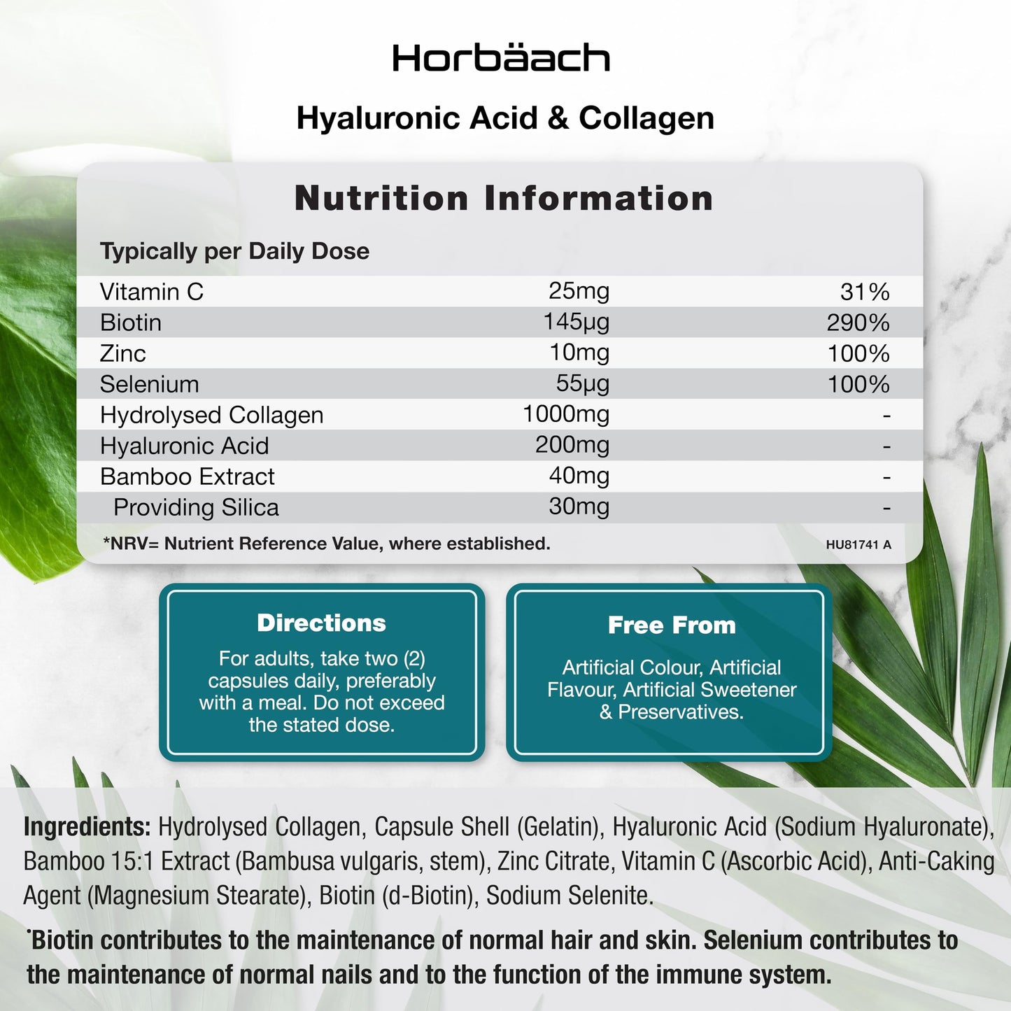 Horbäach Hyaluronic Acid Supplement with Collagen | 180 Capsules | High Strength Complex with Biotin, Zinc and Vitamin C | Hair, Skin and Nails Formula | by Horbaach