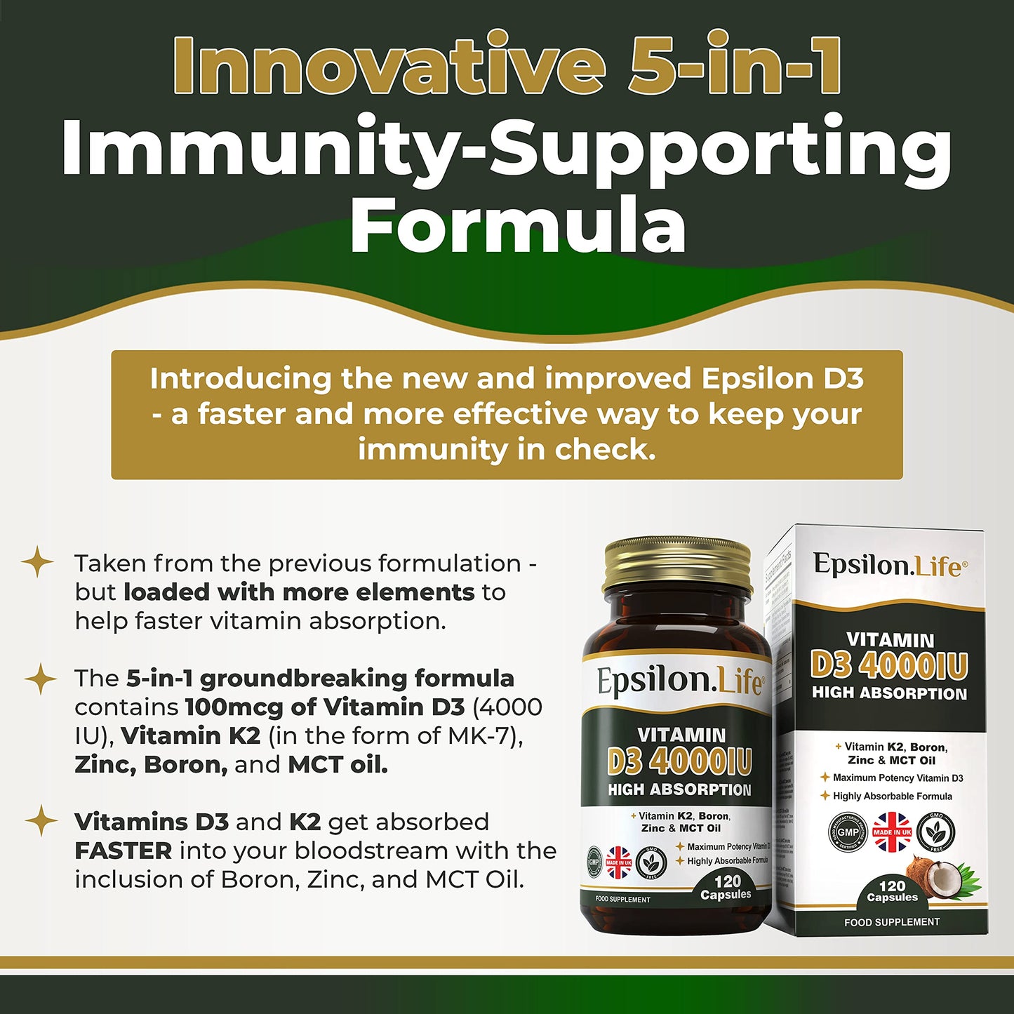 Vitamin D3 K2 Zinc Supplement – Vitamin D 4000IU High Strength Formula with Vitamin K2 Mk7, Zinc, Boron and MCT Oil for Optimal Absorption – 120 D3 & K2 Capsules - Made in The UK
