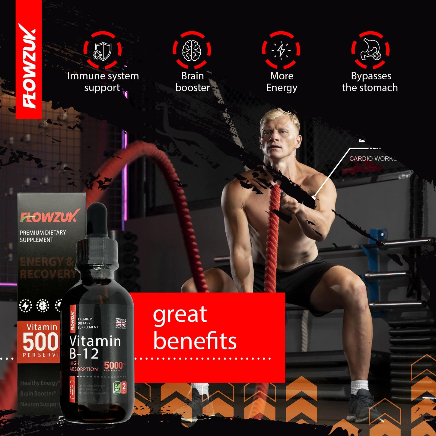 Flowzuk B12 Liquid Vitamin Drops 5000 mcg Methylcobalamin High Strength 60ml Dropper Bottle - Vegan Friendly - Sublingual for Fast Absorption - Gluten Free - Made in The UK