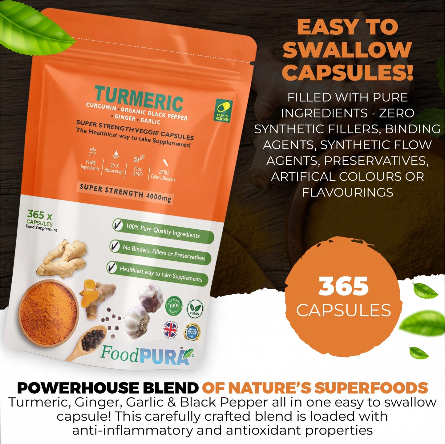 FoodPURA 365 x 4000mg Turmeric (Curcumin), Ginger, Garlic & Organic Black Pepper Capsules HACCP Certified, Manufactured in The UK by FoodPURA (365)