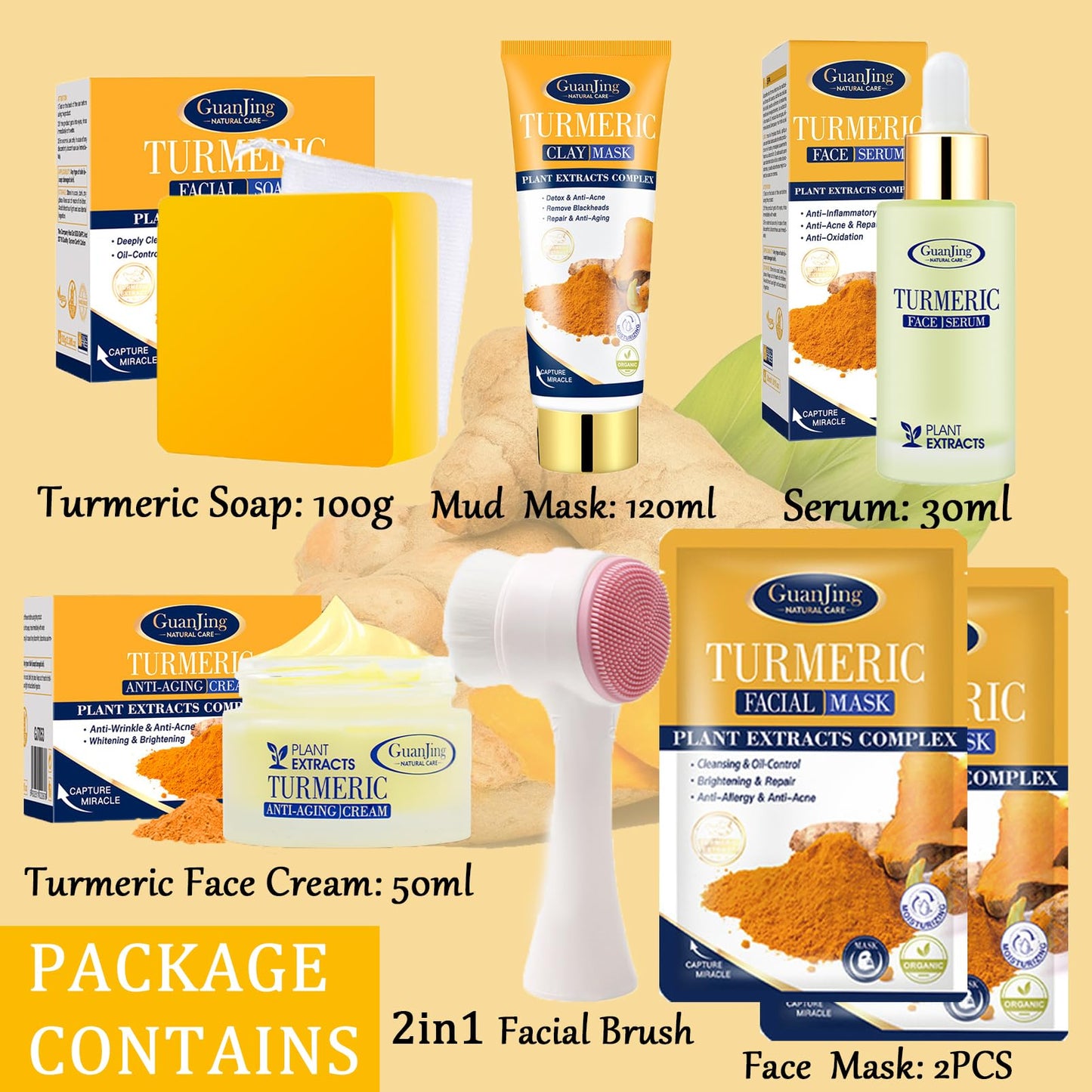 Turmeric Skincare Set For Anti-Aging Skin,7PCS Turmeric Skincare Set for Teenagers Girls with Facial Serum & Face Cream & Soap & Mud Mask & 2PCS Face Mask & Facial Brush,Remove Blackhead & Soften