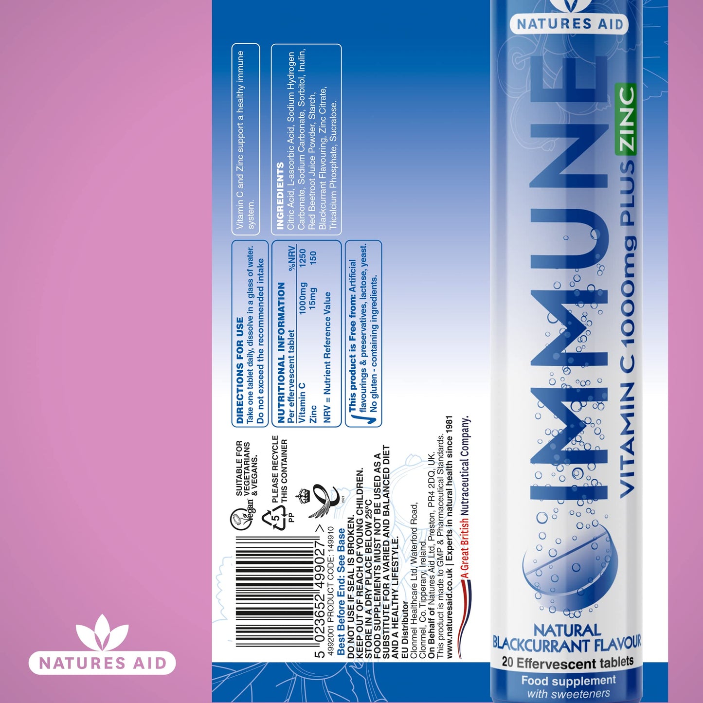 natures aid Immune Effervescent with Zinc & Vitamin C, Natural Blackcurrant Flavour, 20 Tablets, Pack of 1