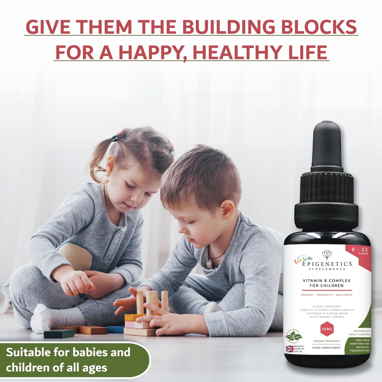 Epigenetics Vitamin B Complex for Children 30ml | 9 B Vitamins Supplement from Birth 0-11 Years | Newborn Baby Kids Sugar Free UK Made Vegetarian Liquid | Long Suppy. 1 Drop Daily