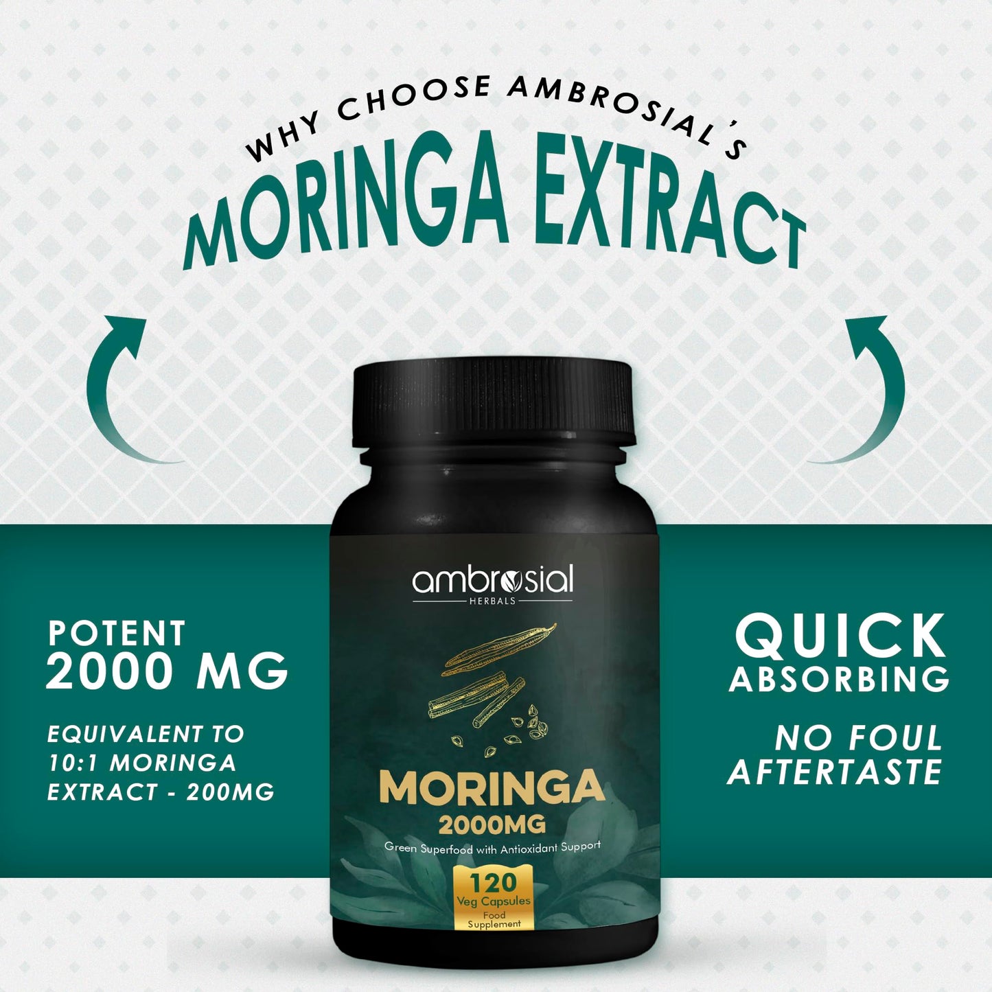 AMBROSIAL Ambrosial Premium Organic Moringa Capsules 2000MG - High Strength Antioxidant Superfood Supplement for Energy and Wellness - 120 Veg Capsules