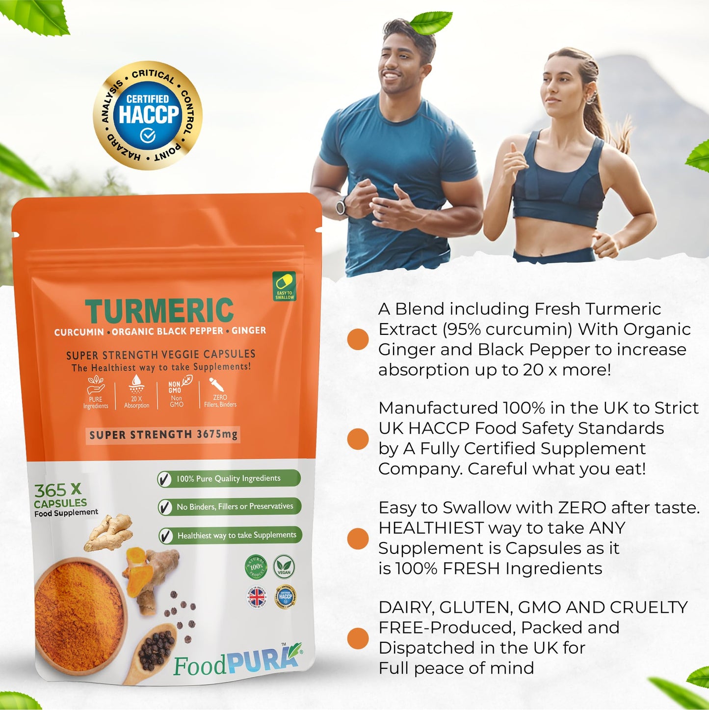 FoodPURA Turmeric Curcumin Capsules with Black Pepper & Ginger High Strength 3675mg HACCP Certified, Manufactured in The UK by FoodPURA (365)