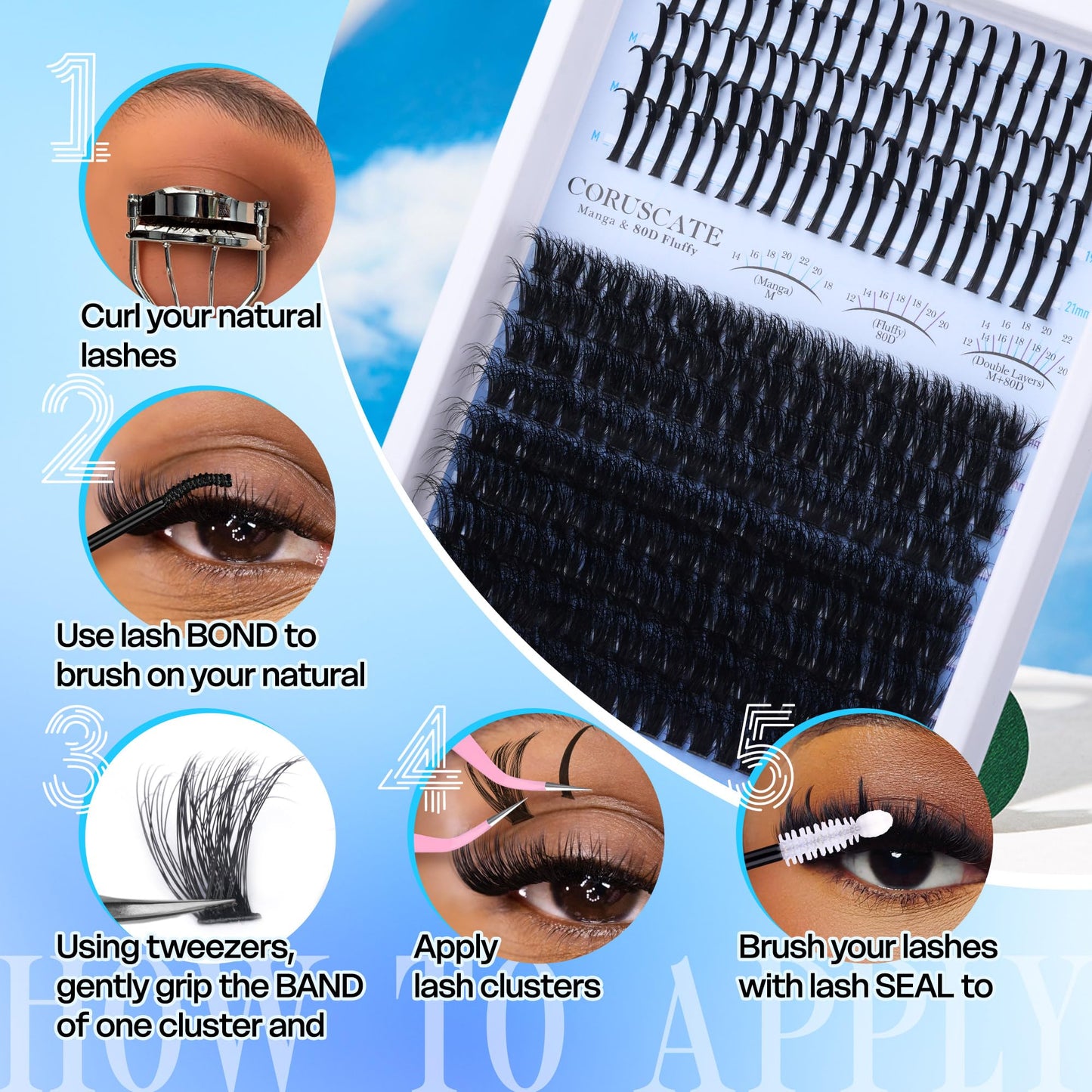 CORUSCATE 80D Cluster Lashes Fluffy Individual Eyelashes Thick D Curl Lashes Individual Cluster 12-20mm with Long Lash Spikes Volume Eyelash Clusters DIY Spiky Russian Strips Eyelashes Mega Extension