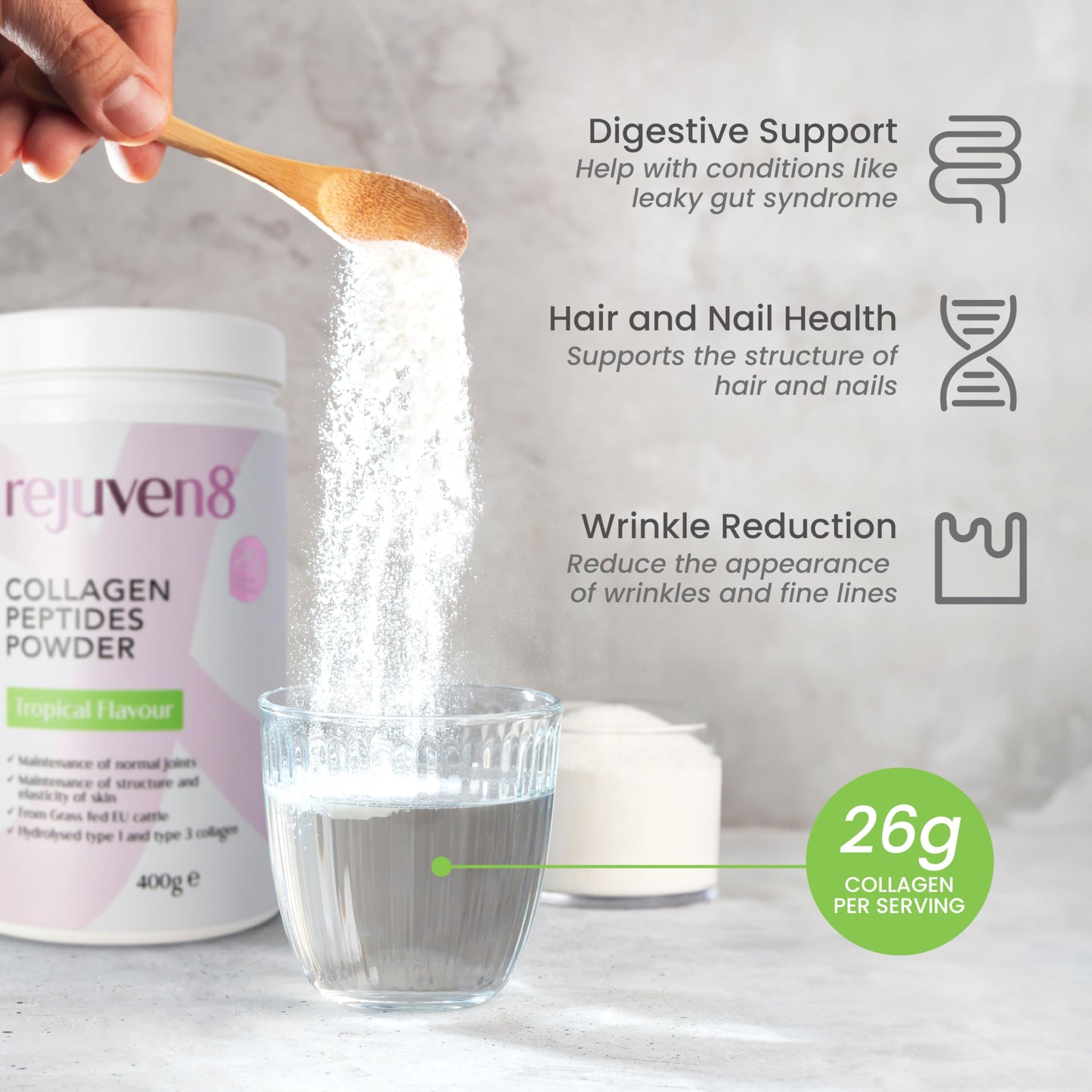 Rejuven8 Collagen Peptides Powder - 400g Tropical Flavour - 26g of Collagen and 24g of Protein Per Serving - Grass Fed Bovine Collagen Powder for Women & Men - Protein Collagen Powder