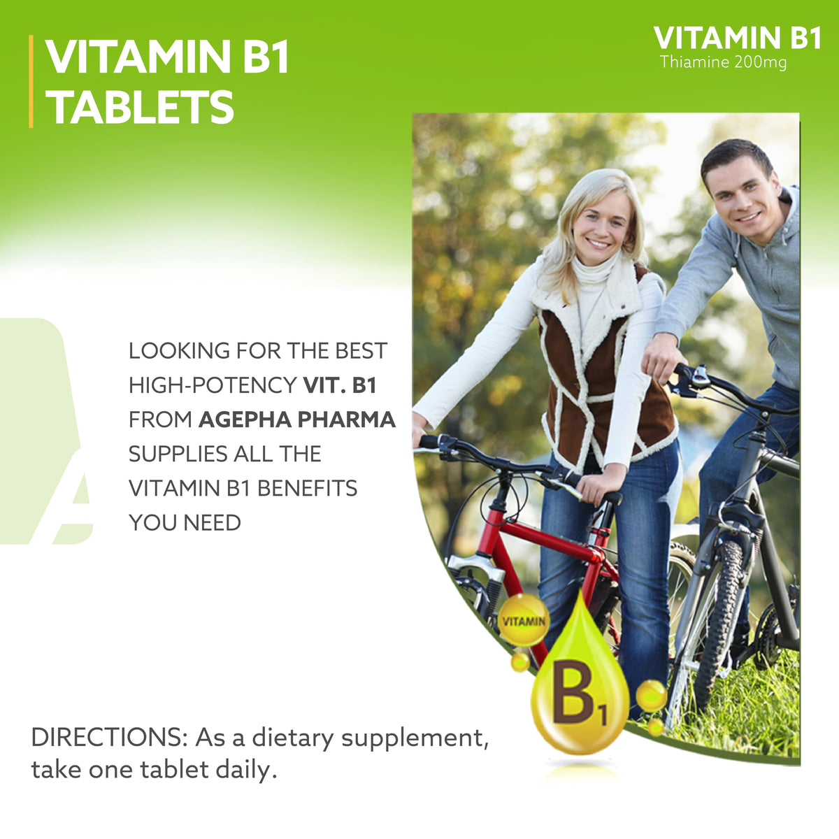 AGEPHA Vitamin B1 Tablets | High Dose Thiamine Tablets | EU Quality | Free of Additives | Relief for Nerve Pain, Nervous Disorders, Memory and Concentration Problems | Supports Energy Metabolism & Immunity