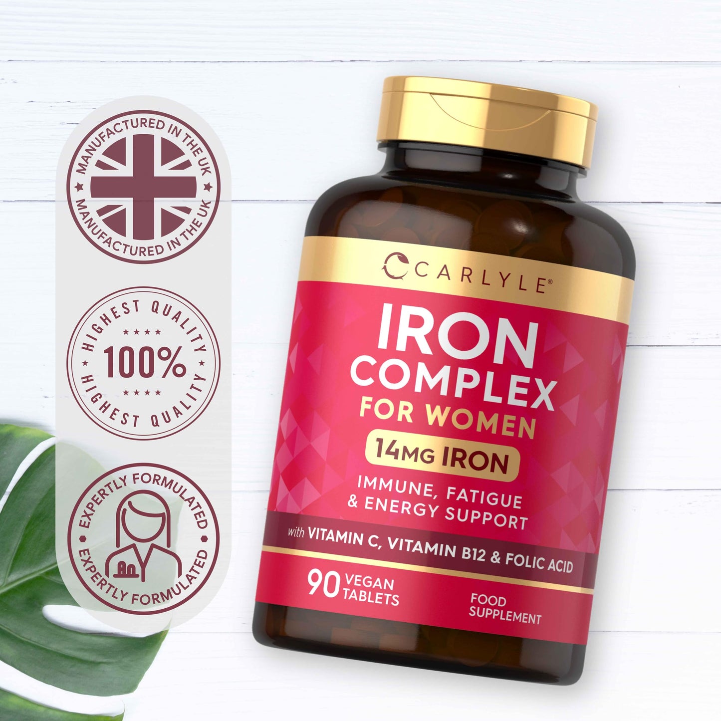 Iron Supplements for Women | with Vitamin B12, Vitamin C and Folic Acid | High Strength 14mg Iron | 90 Vegan Tablets | by Carlyle