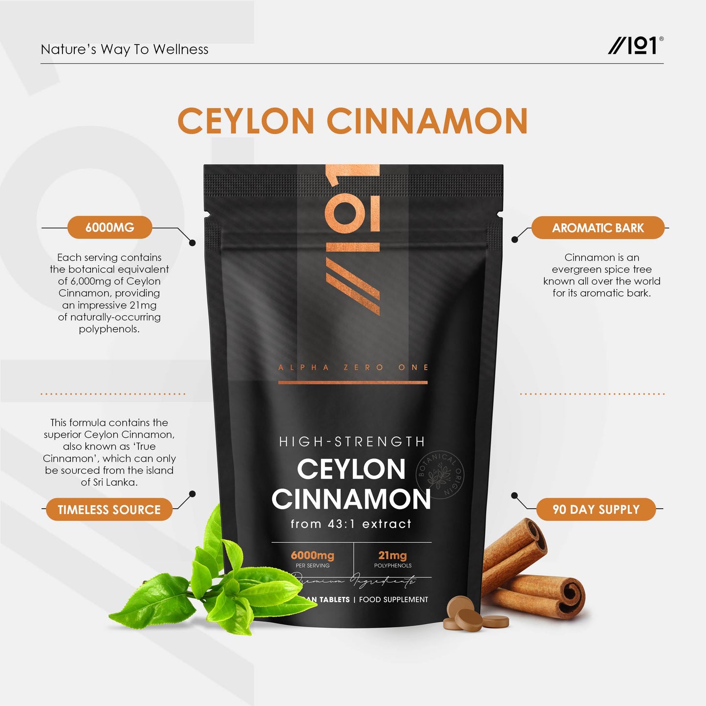 ALPHA01 Cinnamon Extract 6000mg - Standardised 15% Polyphenols from 43:1 Cinnamon Extract - 180 Vegan Tablets (6 Months Supply) – Resealable and Recyclable Pouch by Alpha01