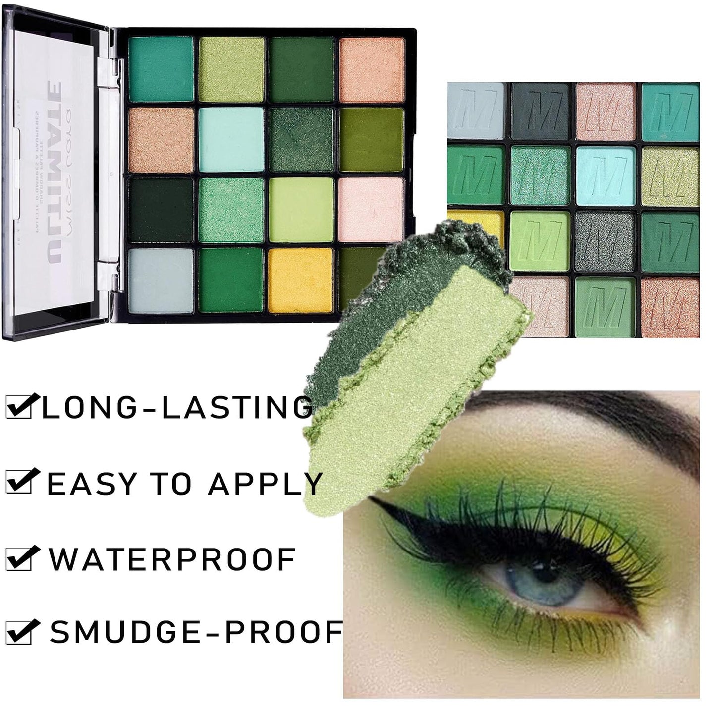 QUIWEN Green Eyeshadow Palette, 16 Colour Glitter Matte Eye Shadow Pallets For Women, Highly Pigmented Green Forest Eyeshadow Make Up Palettes Long Lasting Waterproof Dark,Yellow,Green,Cyan Eye Pallet