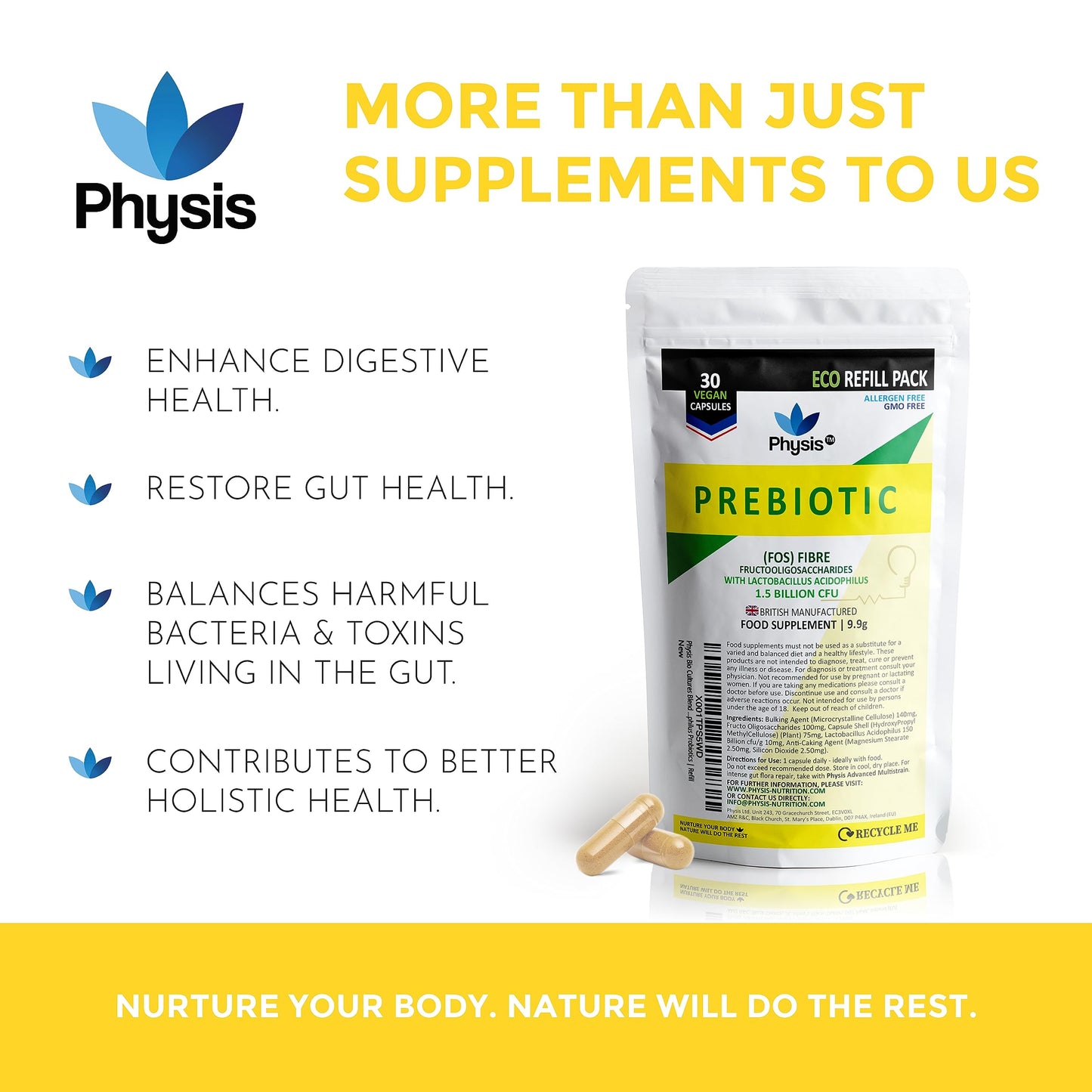 Physis Bio Cultures Blend Prebiotics | 30 Capsules | Pre and Probiotics for Gut Health | Bio Cultures Complex for Improved Digestion | Concentrated Lactobacillus Acidophilus Probiotics | Refill