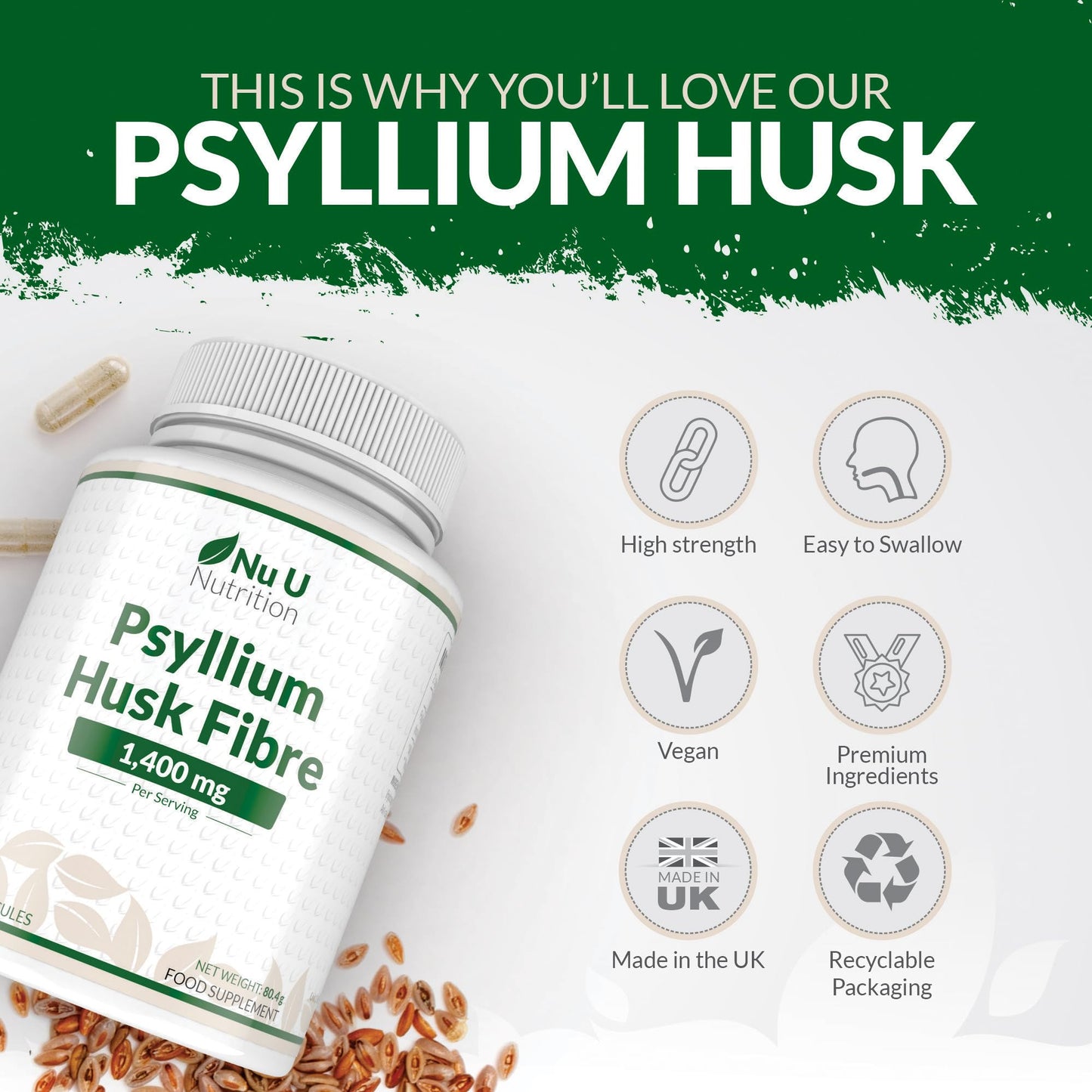 Psyllium Husk Fibre Supplement - 1400mg per Serving - 240 Vegan Capsules - Natural Soluble Prebiotic Fiber from Plantago Ovata Seeds - Made in the UK - Nu U Nutrition